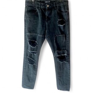 EMBELLISH BLACK SKINNY DISTRESSED MOTO BIKER JEANS SIZE 32